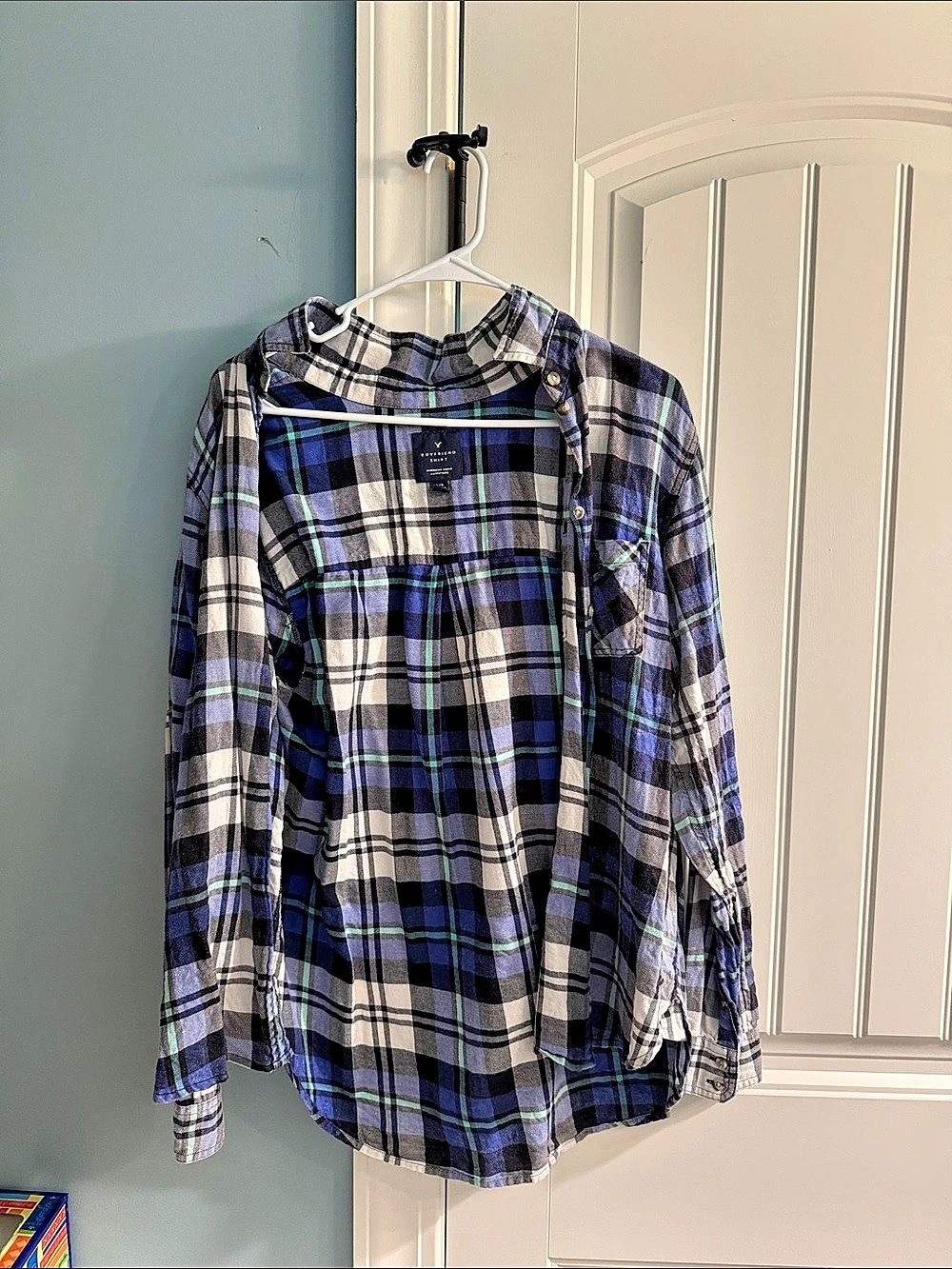American Eagle Boyfriend Flannel Shirt Blue & White Plaid